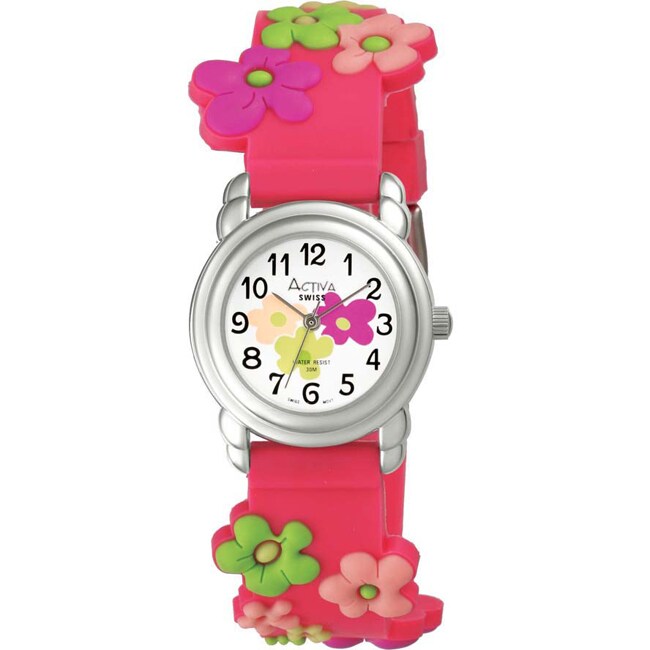 Activa Juniors Dark Pink Rubber With Multicolor Flower Design Watch