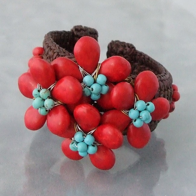 Turquoise and Red Coral Floral Cuff Bracelet (Thailand) Was 