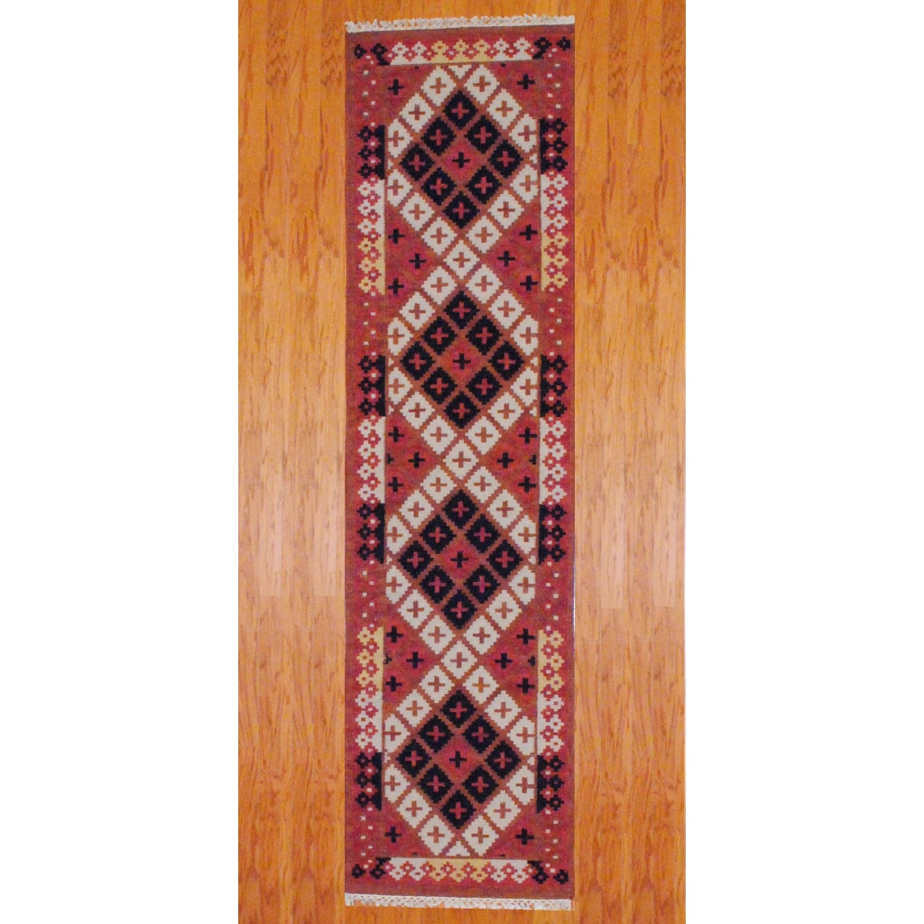 Indo Hand knotted Kilim Rust/ Black Wool Rug (2'6 x 10) Runner Rugs