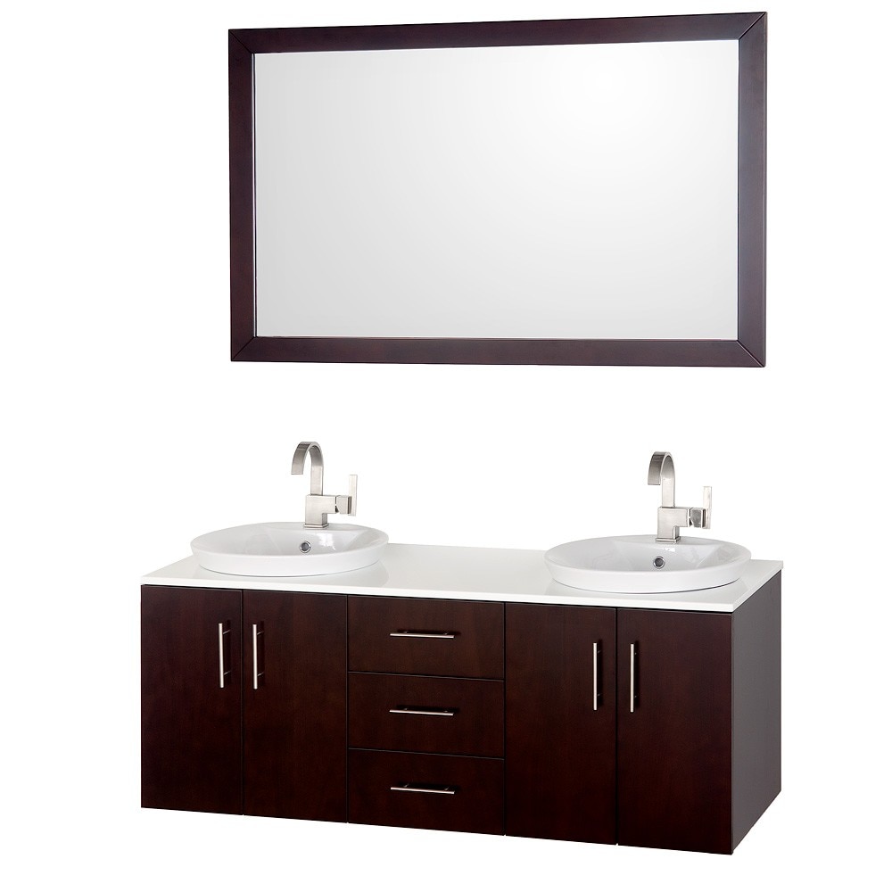 Wyndham Collection Arrano Espresso 55 inch Double Bathroom Vanity Set (Espresso, Top White GlassVanity dimensions 55 inches wide x 21 inches deep x 23.5 inches highMirror dimensions 52.75 inches wide x 33 inches high x 1 inch deepProfessional installati