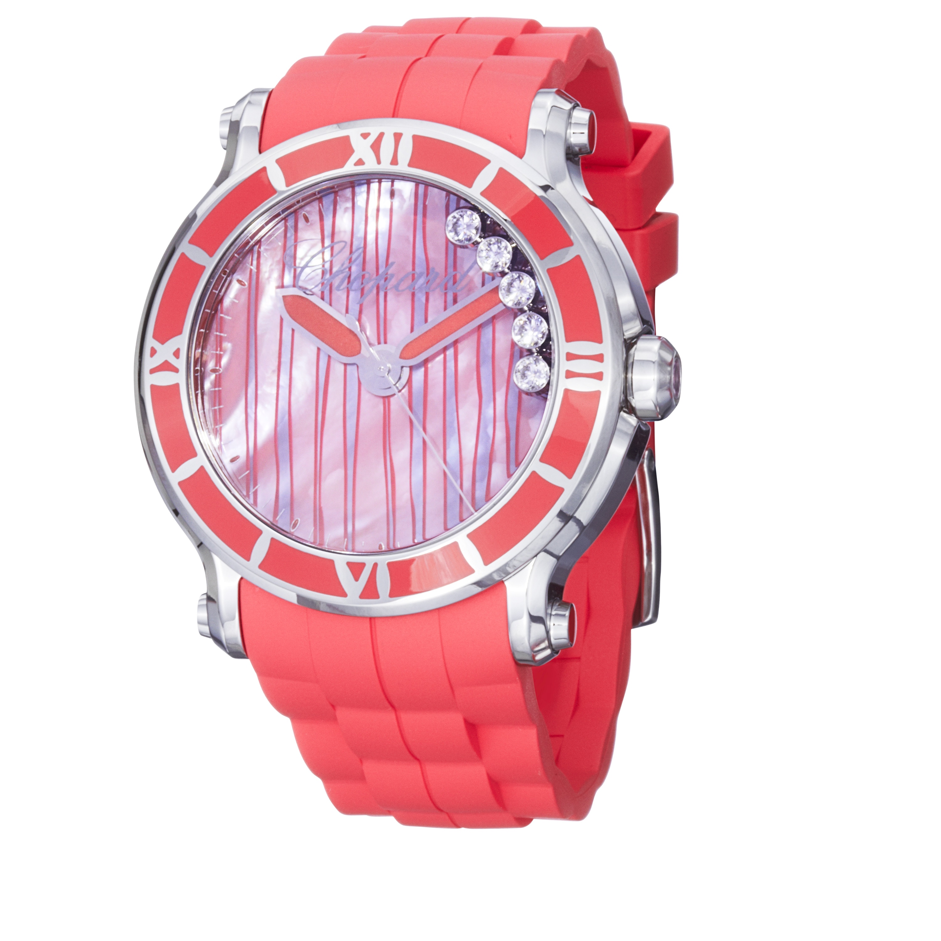 Chopard Womens Happy Sport Round Coral Red Rubber Strap Watch