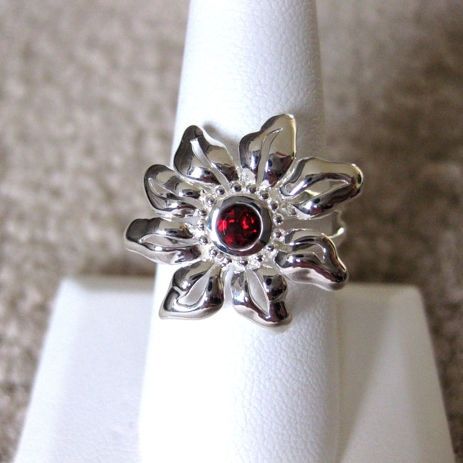 Sterling Silver Garnet Sunflower Ring (Thailand) Rings