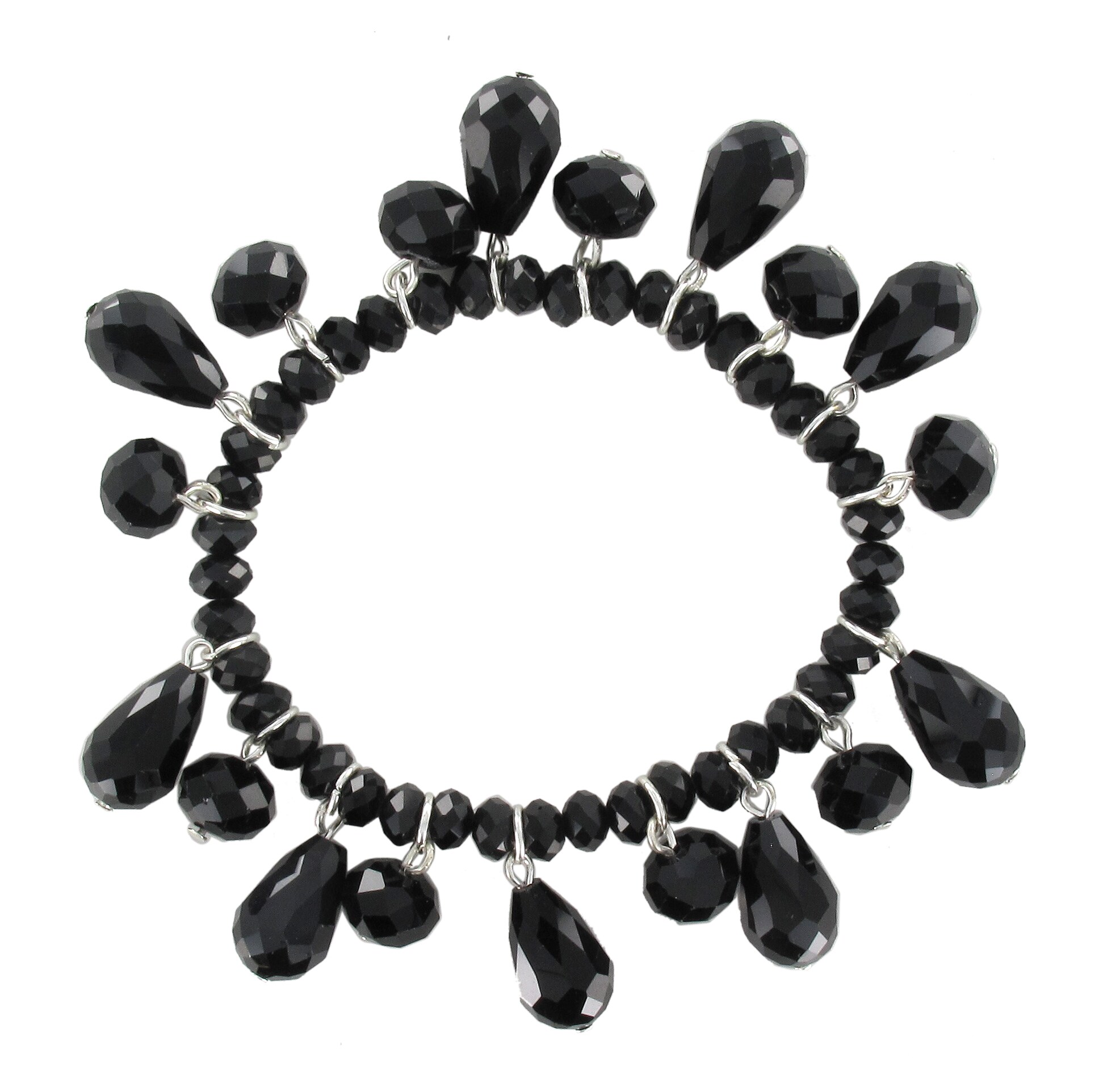 Roman Silvertone Faceted Black Glass Stone Stretch Bracelet Free