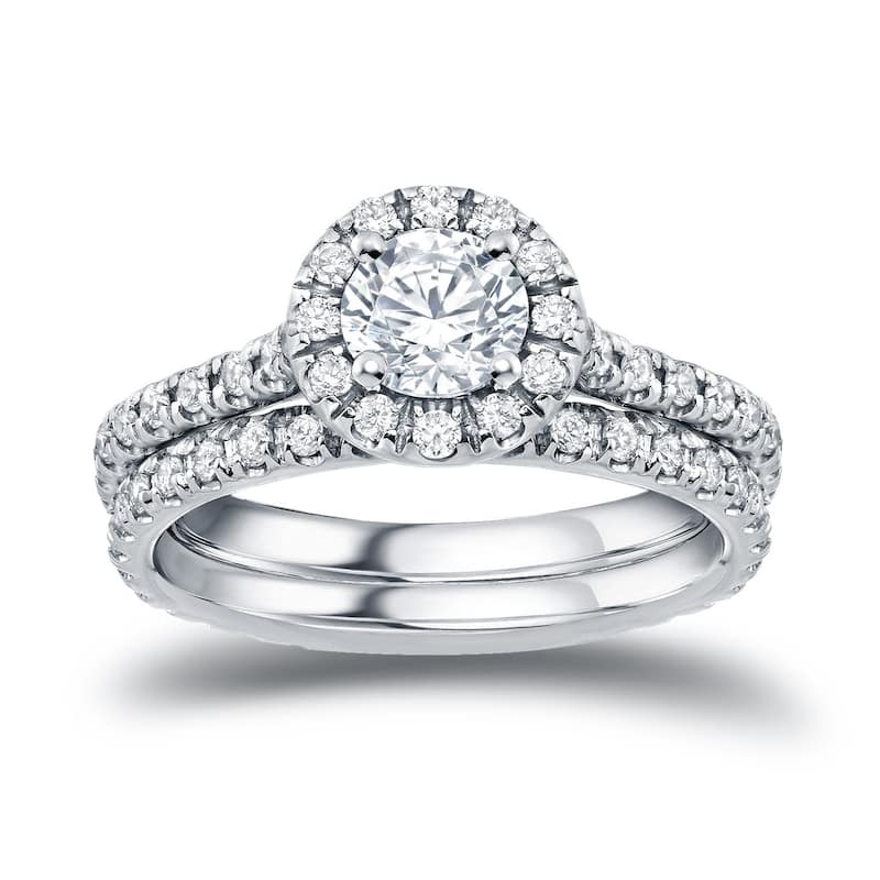 Auriya 1 carat TW Round Halo Diamond Engagement Ring Set 14k Gold - 4 - White