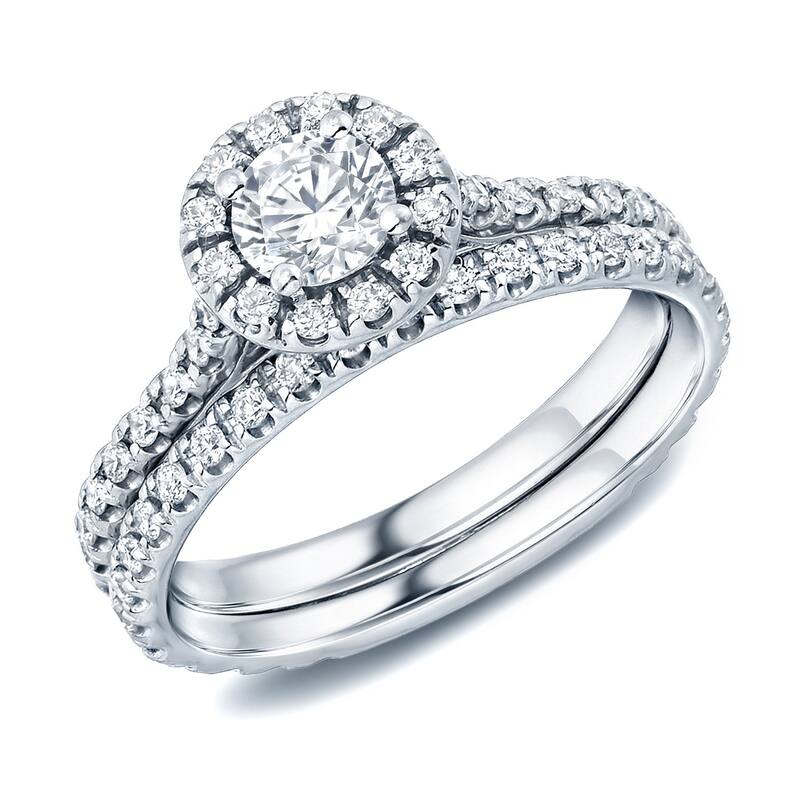 Auriya 1 carat TW Round Halo Diamond Engagement Ring Set 14k Gold