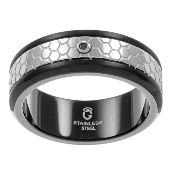 High Polish Stainless Steel Men's Black Diamond Accent Band Men's Wedding Bands