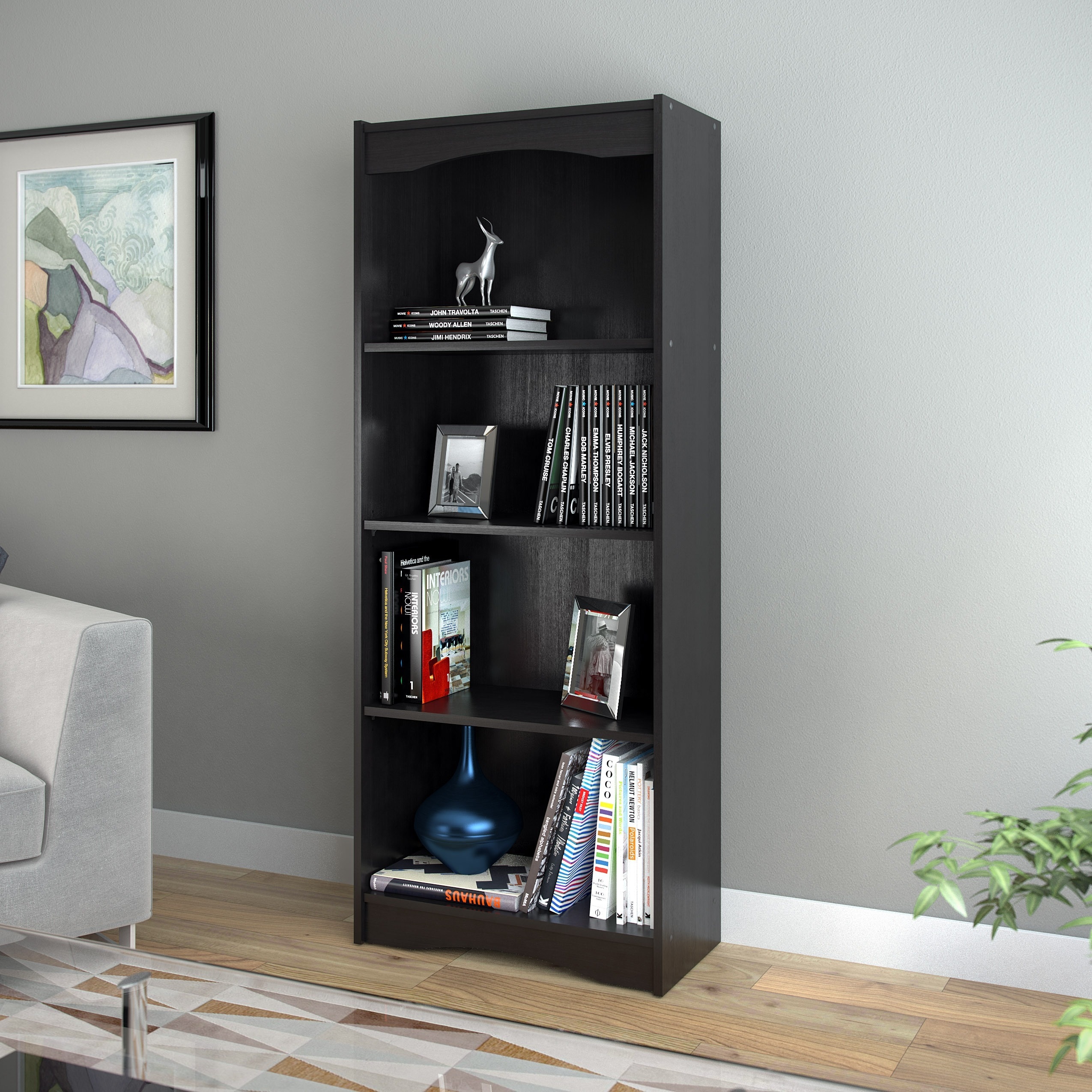 4 foot wide black book shelf mountable