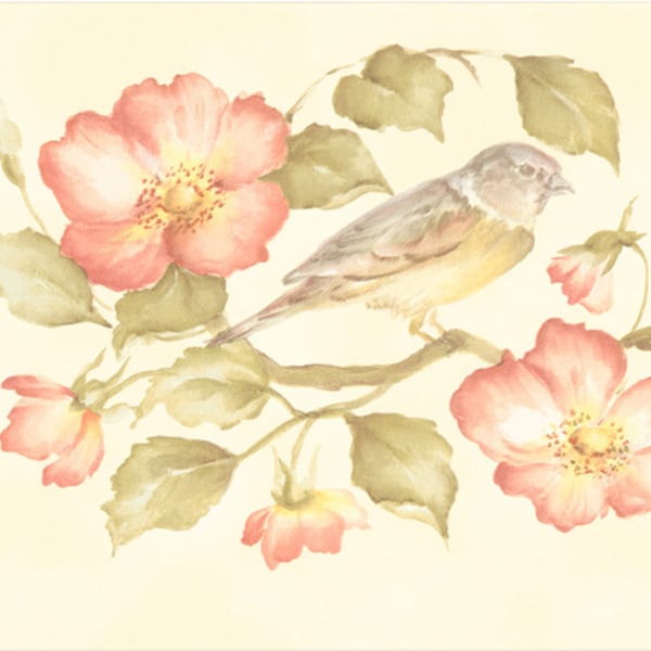 Brewster Peach Wild Rose Bird Border Wallpaper - Free Shipping On ...