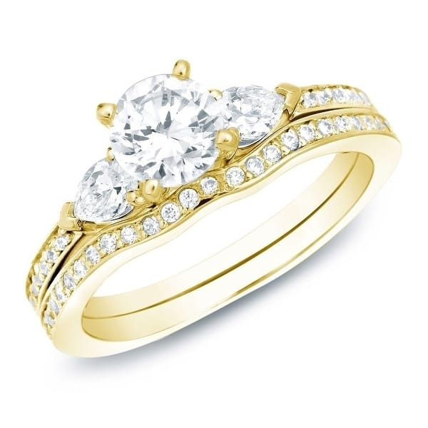 Auriya 14k Gold 1 carat TW 3-Stone Diamond Engagement Ring Set - 4 - Yellow