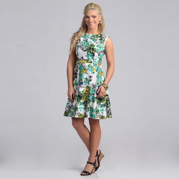 Shop London Times Women's Green Floral Fit and Flare Dress - Free ...