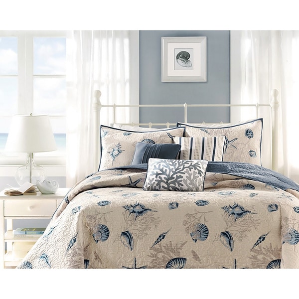 Madison Park Nantucket Blue Microfiber Brushed Printed Coverlet Set