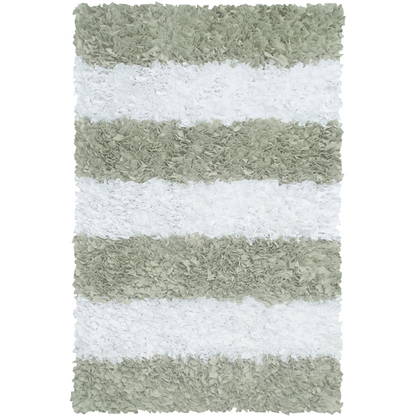 Manam Sage and White Stripe Shag Rug Manam Rugs