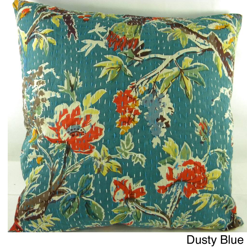Ethnic Kantha Stitch Tropical Birds Cushion Cover , Handmade in India