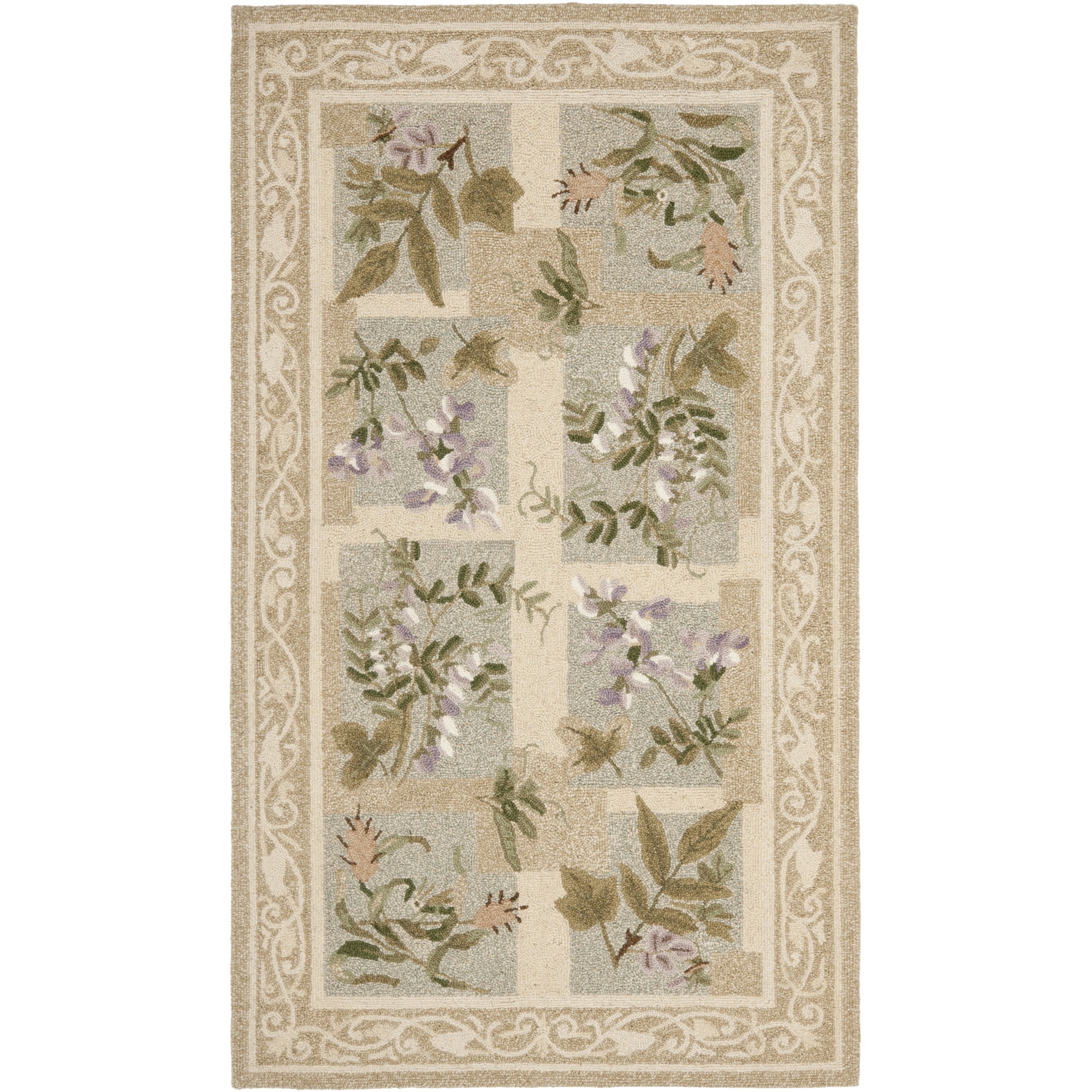 Hand hooked Floral Panels Light Green Wool Rug (26 X 8)