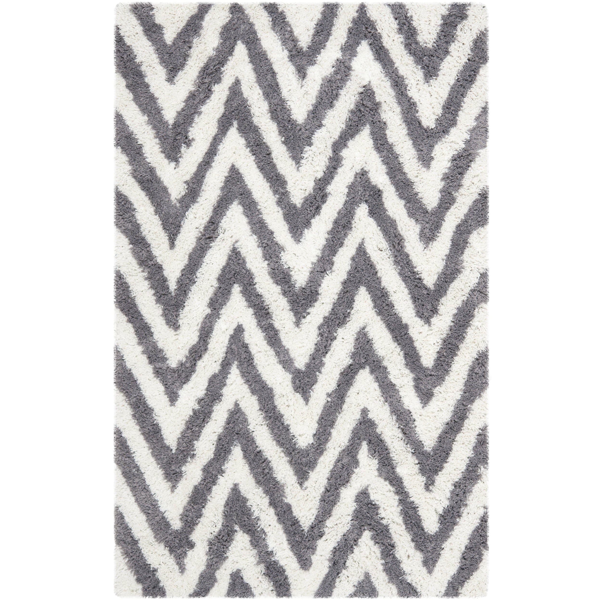 Hand made Chevron Ivory/ Grey Shag Rug (26 X 4)