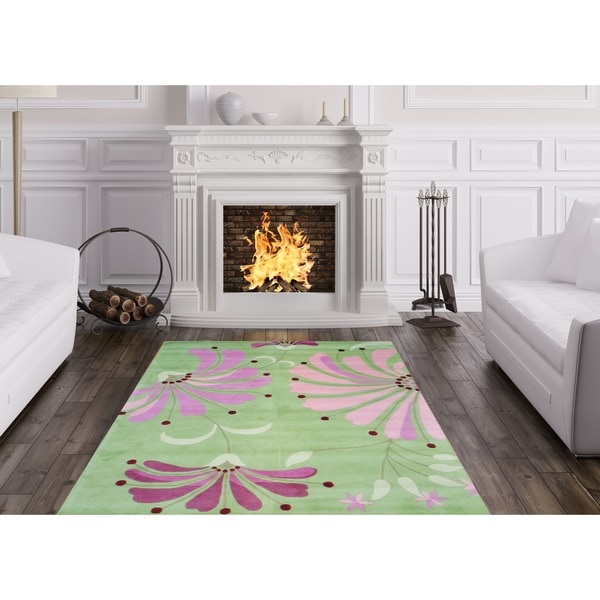 Herat Oriental Indo Hand-tufted Light Green/ Pink Wool Rug - 5' x 8'