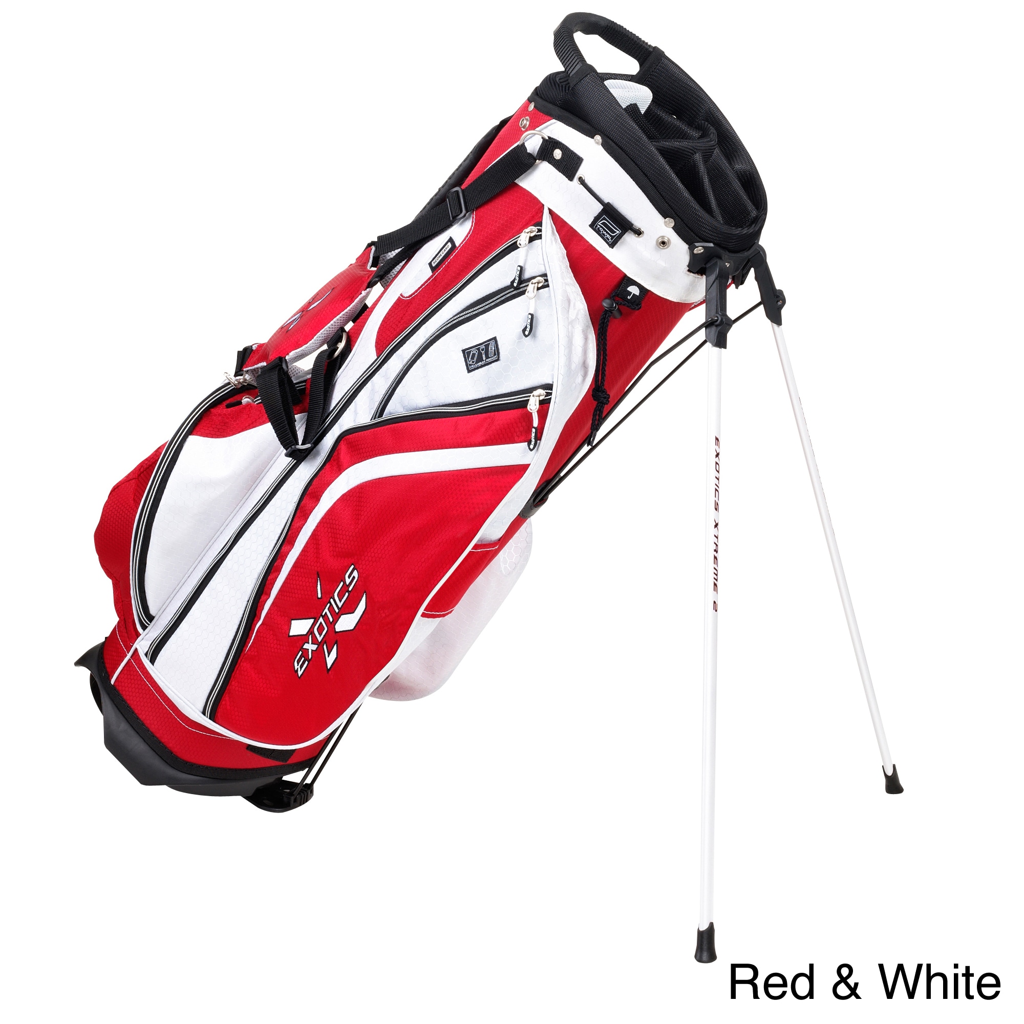 Tour Edge Exotics Xtreme 2 Stand Bag (Black, red/white, navy/white, white, black/pink, silver/whiteMolded easy lift top handleScore card holderPremium padded double strap Quick grab elastic towel bandVelour lined water proof valuables pocketLightweight qu