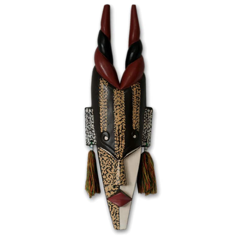 Handmade Sese Wood 'Agona Antelope' African Mask' (Ghana) - Black/Red