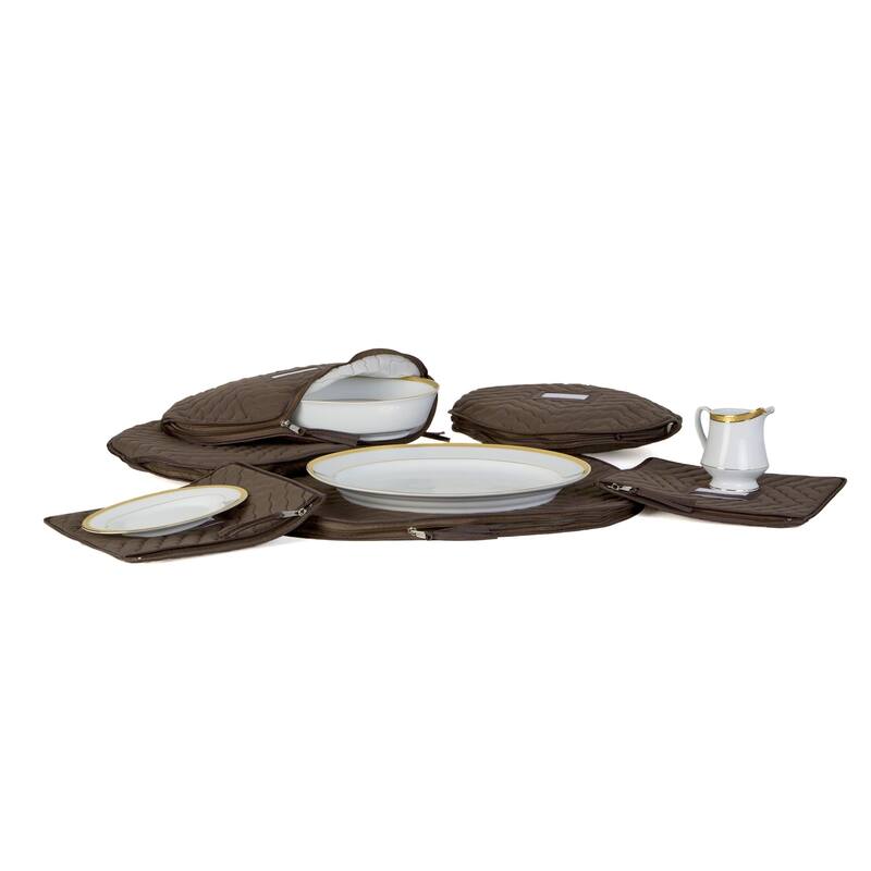 6 Pieces of Fine China Dinnerware Accessory Storage Set - Deluxe Quilted Plush Microfiber - Contents Label Window - Brown
