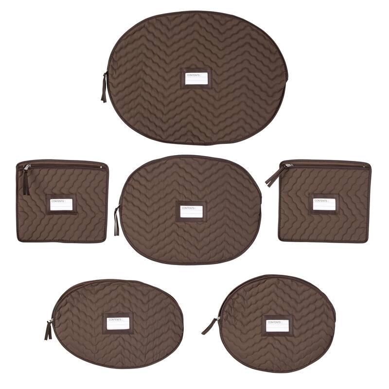 6 Pieces of Fine China Dinnerware Accessory Storage Set - Deluxe Quilted Plush Microfiber - Contents Label Window - Brown