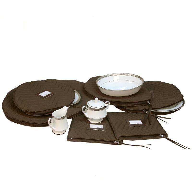6 Pieces of Fine China Dinnerware Accessory Storage Set - Deluxe Quilted Plush Microfiber - Contents Label Window - Brown