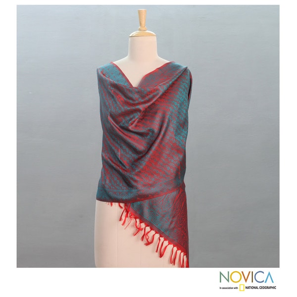 Varanasi Silk 'Emerald Kiss' Shawl (India) Novica Scarves & Wraps