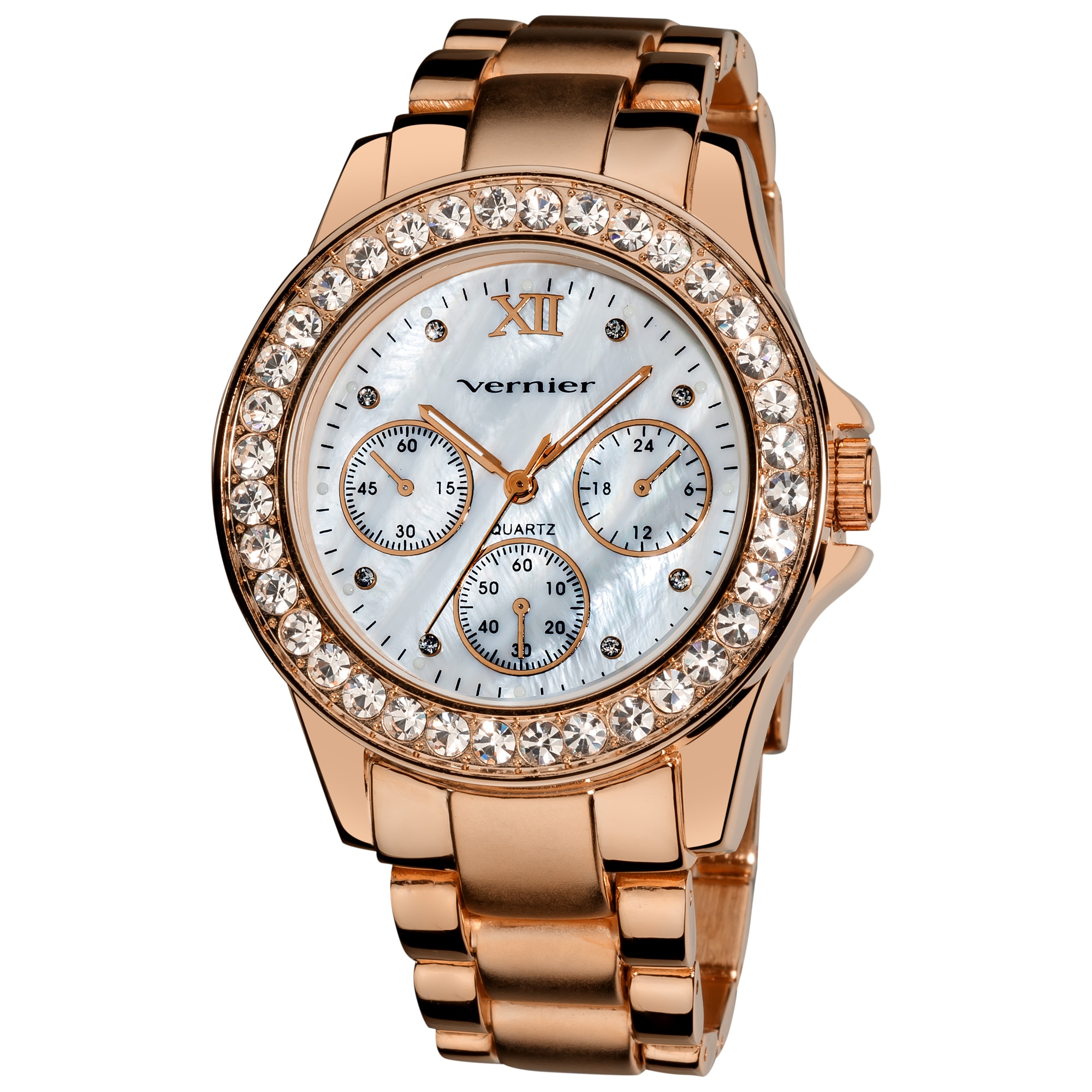 Vernier Ladies Dazzling Boyfriend Mother of Pearl Dial Faux Chrono