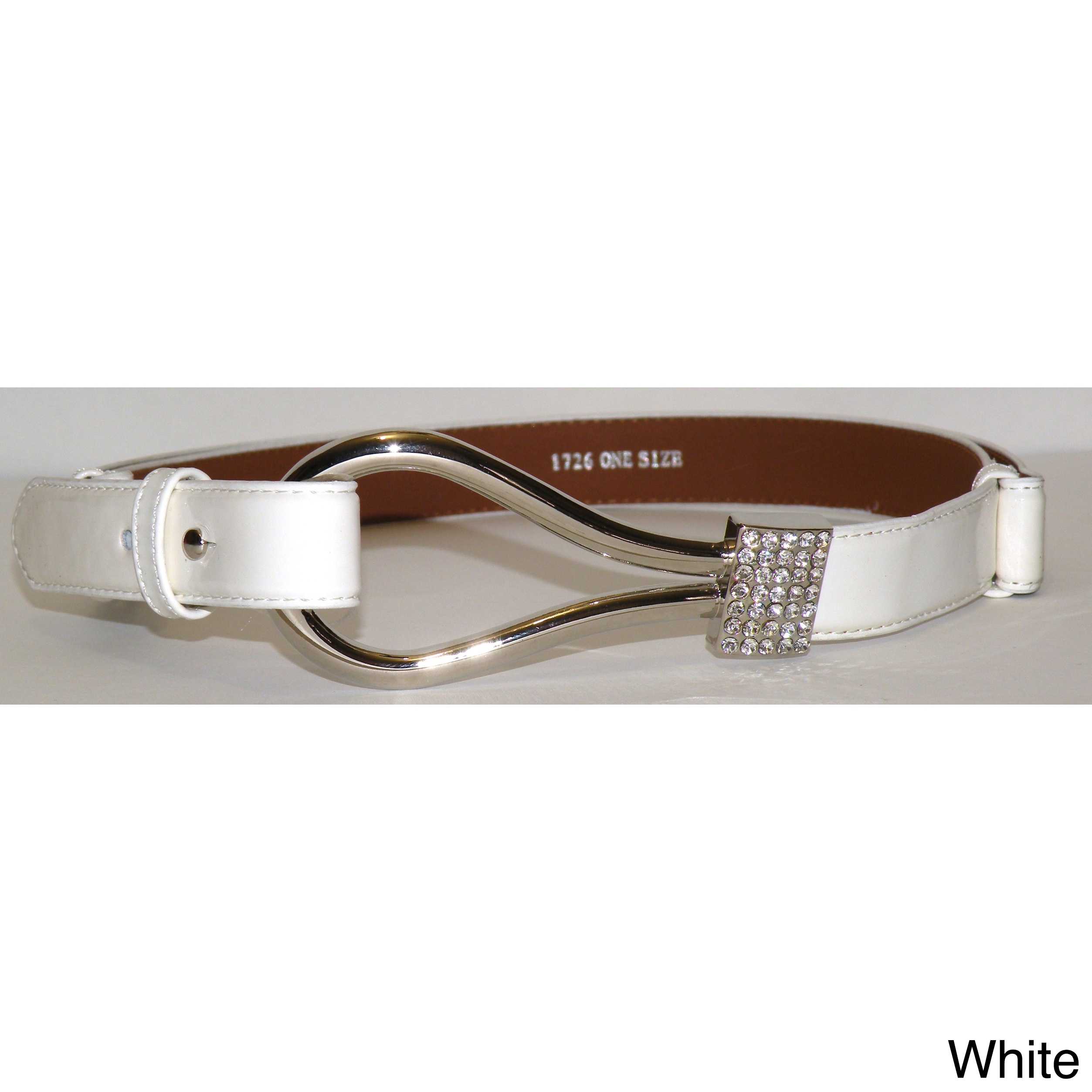 Womens Patent Leather Rhinestone Buckle Belt (Patent leatherClosure Metal BuckleHardware MetalApproximate width 1.5 inchesAdjustable to fit from a 22 inch to a 40 inch waist)