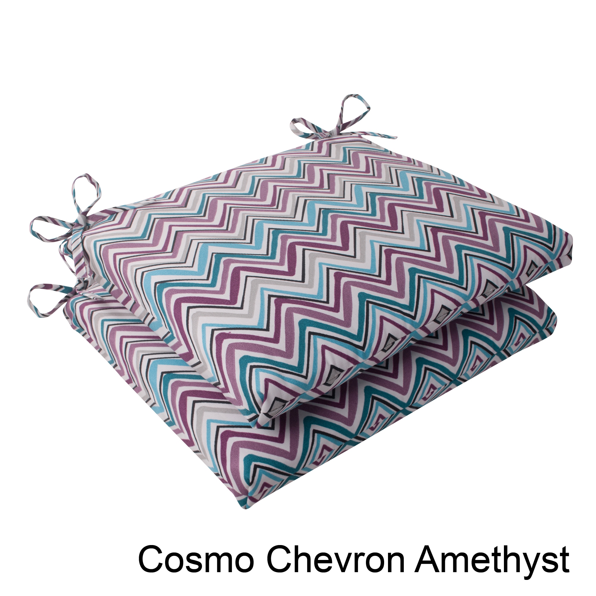 Pillow Perfect Cosmo Chevron Polyester Squared Outdoor Seat Cushions (set Of 2) (Amethyst, mulit, lily padMaterials 100 percent spun polyesterFill 100 percent polyester fiberClosure Sewn seamWeather resistant YesUV protection Care instructions Spot c