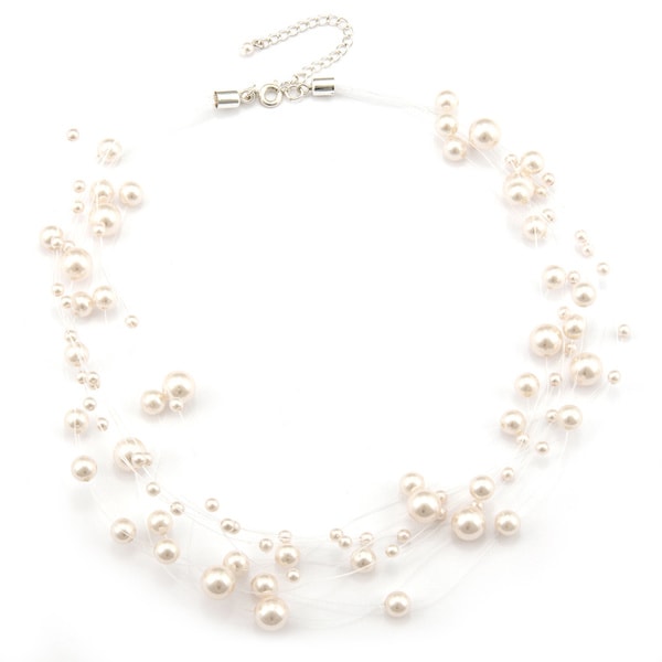 Roman Silvertone Faux Pearl Illusion Beaded Necklace  