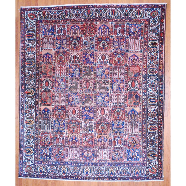 Antique Persian Hand knotted 1920's Tribal Bakhtiari Ivory/ Blue Wool Rug (10'9 x 13') 7x9   10x14 Rugs