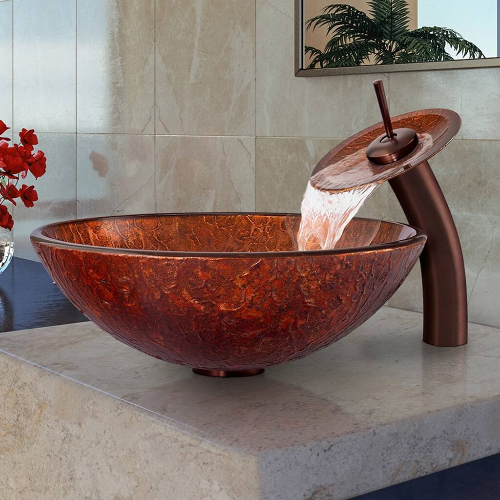 VIGO Mahogany Moon Glass Vessel Bathroom Sink and Waterfall Faucet Set