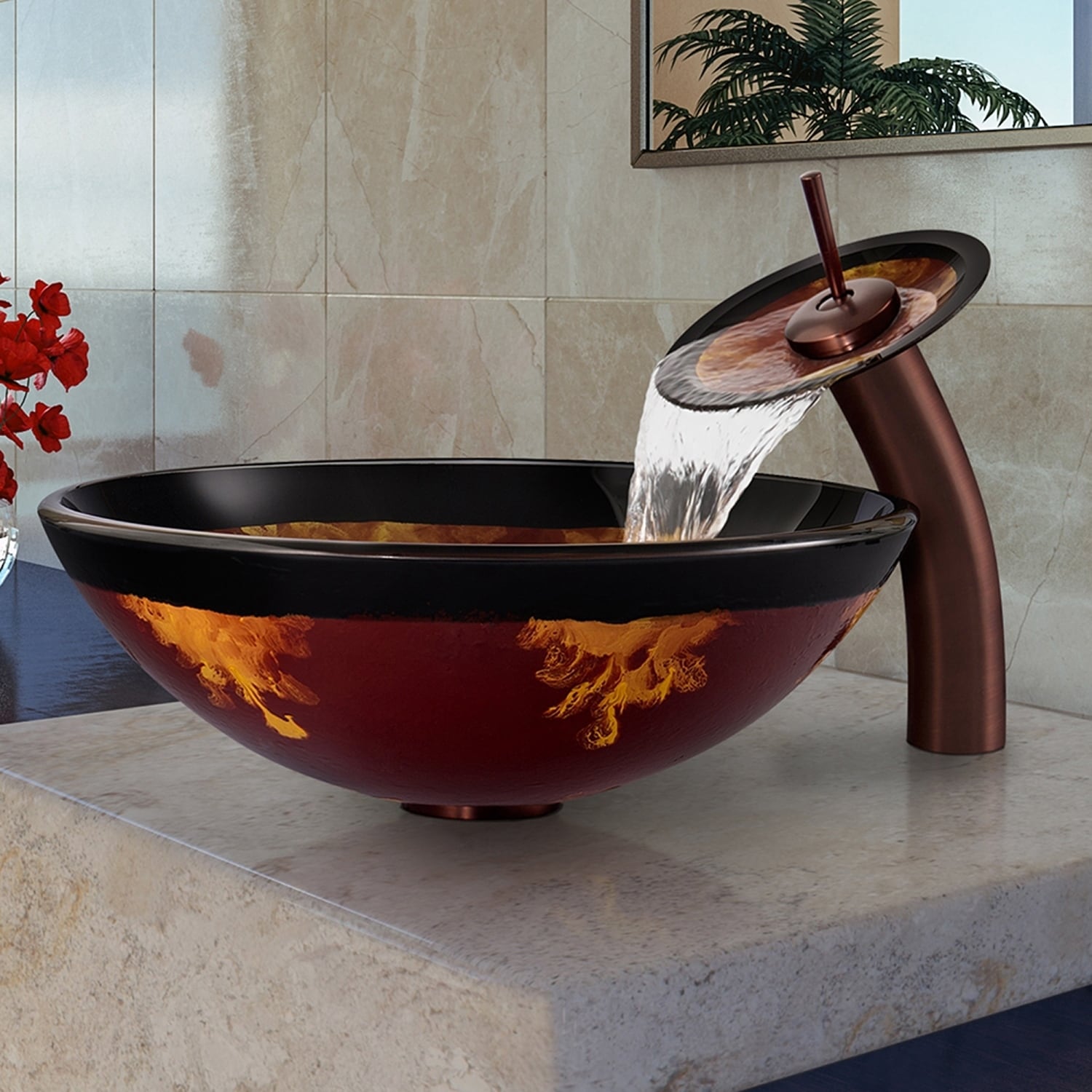 Vigo Auburn/Mocha Fusion Glass Vessel Sink and Waterfall Faucet Set