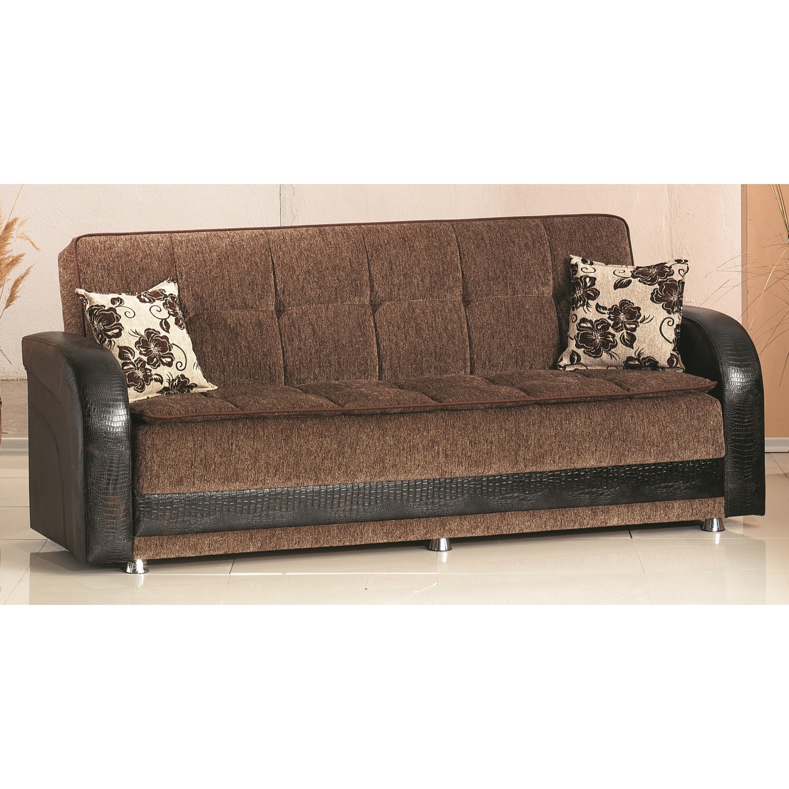 Utica Brown Bicast Leather And Fabric Sofa Bed (Wood, metal, vinylFinish MetalUpholstery material Bi cast leather, fabricUpholstery color BrownIncludes storage compartmentSeat height 18 inchesSofa dimensions 21 inches tall x 75 inches wide x 21 inche