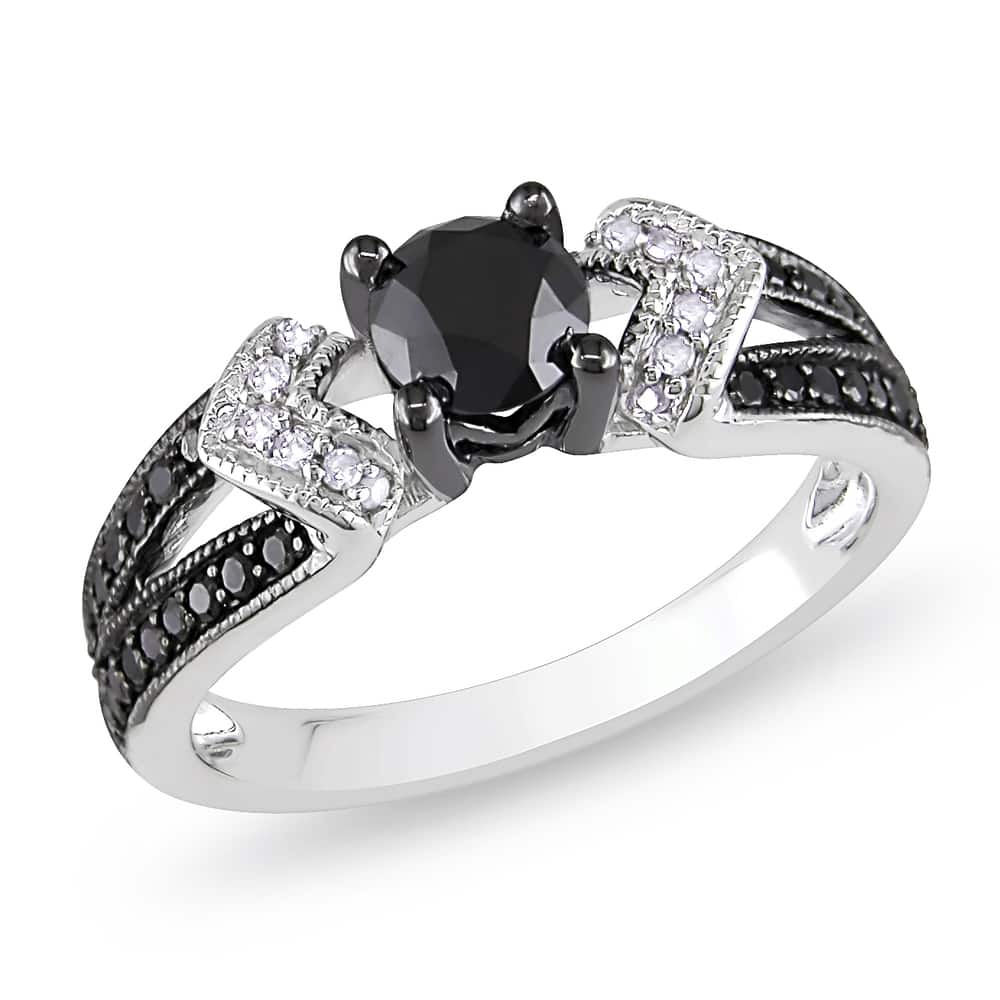 Miadora Sterling Silver with Black Rhodium 1ct TDW Black and White Diamond Split Shank Engagement Ring (G-H, I2-I3)