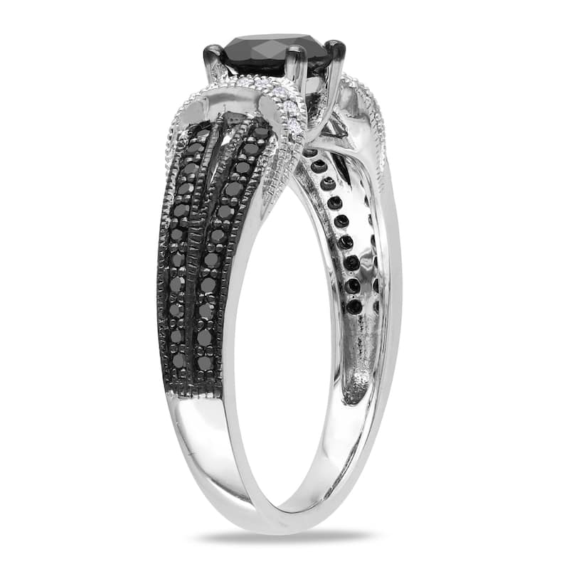 Miadora Sterling Silver with Black Rhodium 1ct TDW Black and White Diamond Split Shank Engagement Ring (G-H, I2-I3)