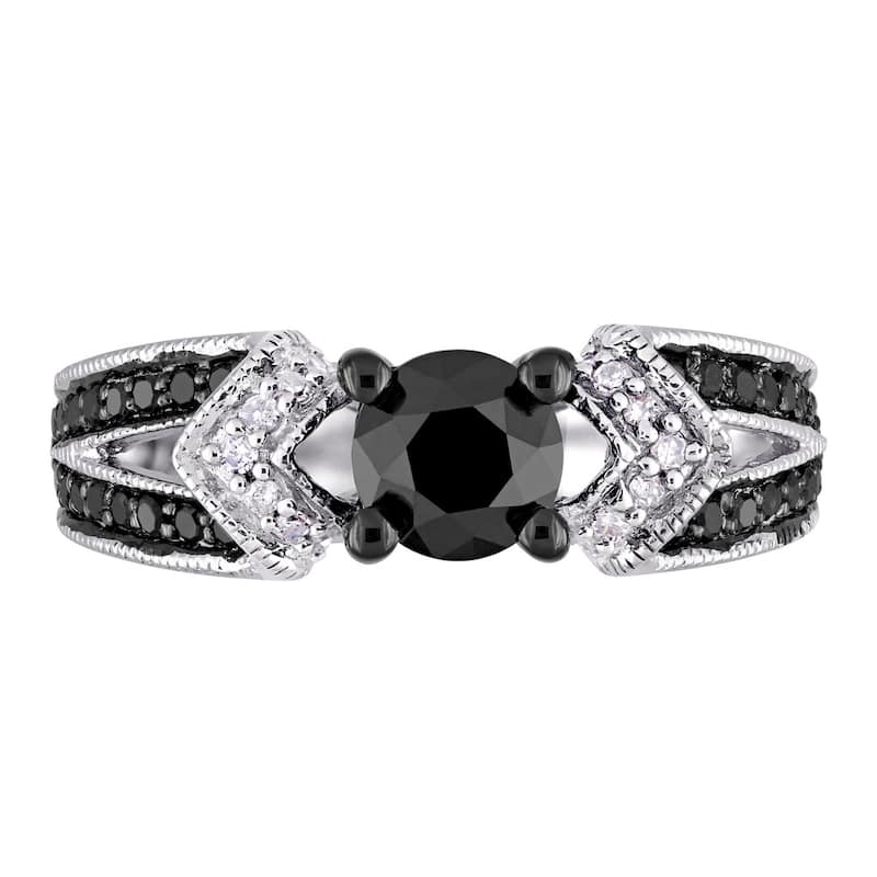 Miadora Sterling Silver with Black Rhodium 1ct TDW Black and White Diamond Split Shank Engagement Ring (G-H, I2-I3)