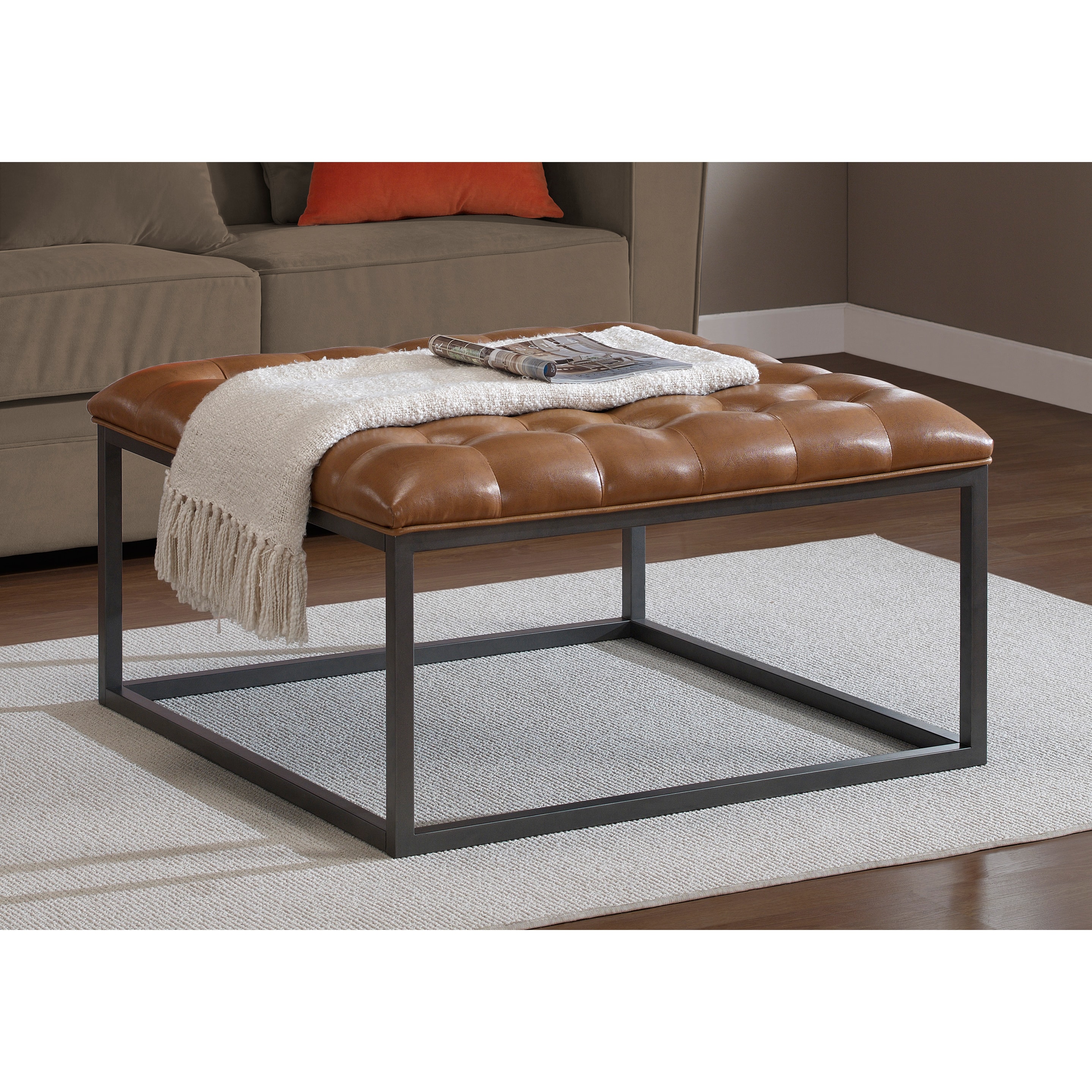 Healy Saddle Brown Leather Tufted Ottoman