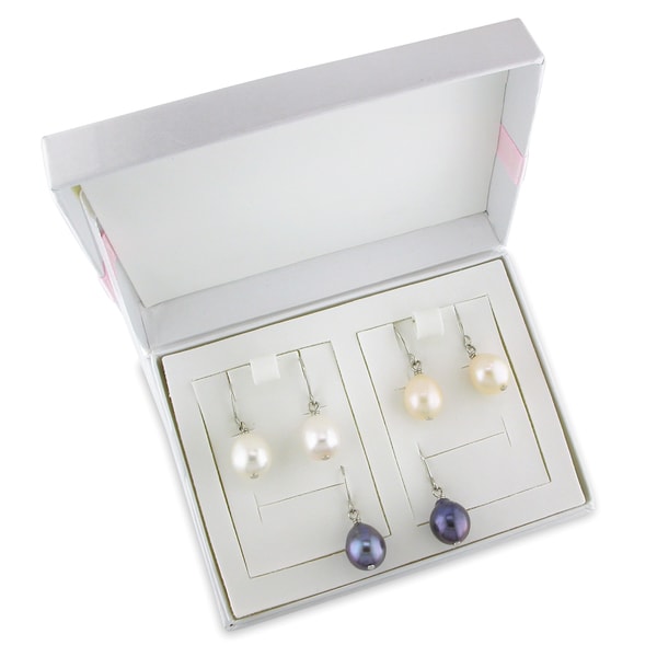 Miadora Silvertone Multicolor Pearl 3-pair Earring Set with Box (9 - 10mm)