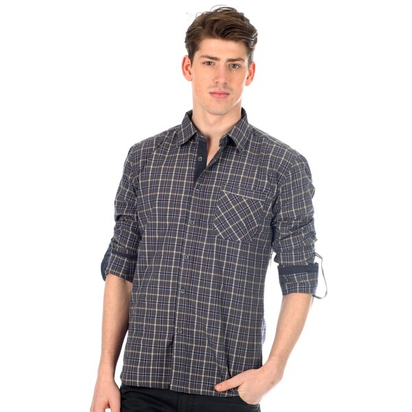 191 Unlimited Men's Slim Fit Plaid Woven Shirt in Charcoal with Chest Pocket 191 Unlimited Casual Shirts