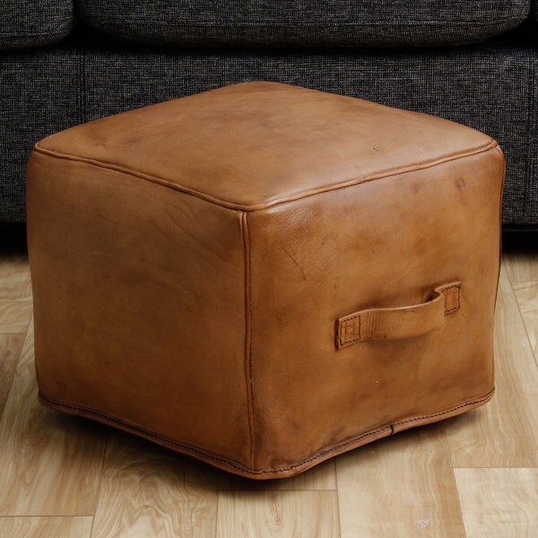 Handmade Leather Natural Ottoman Pouf (Peru)