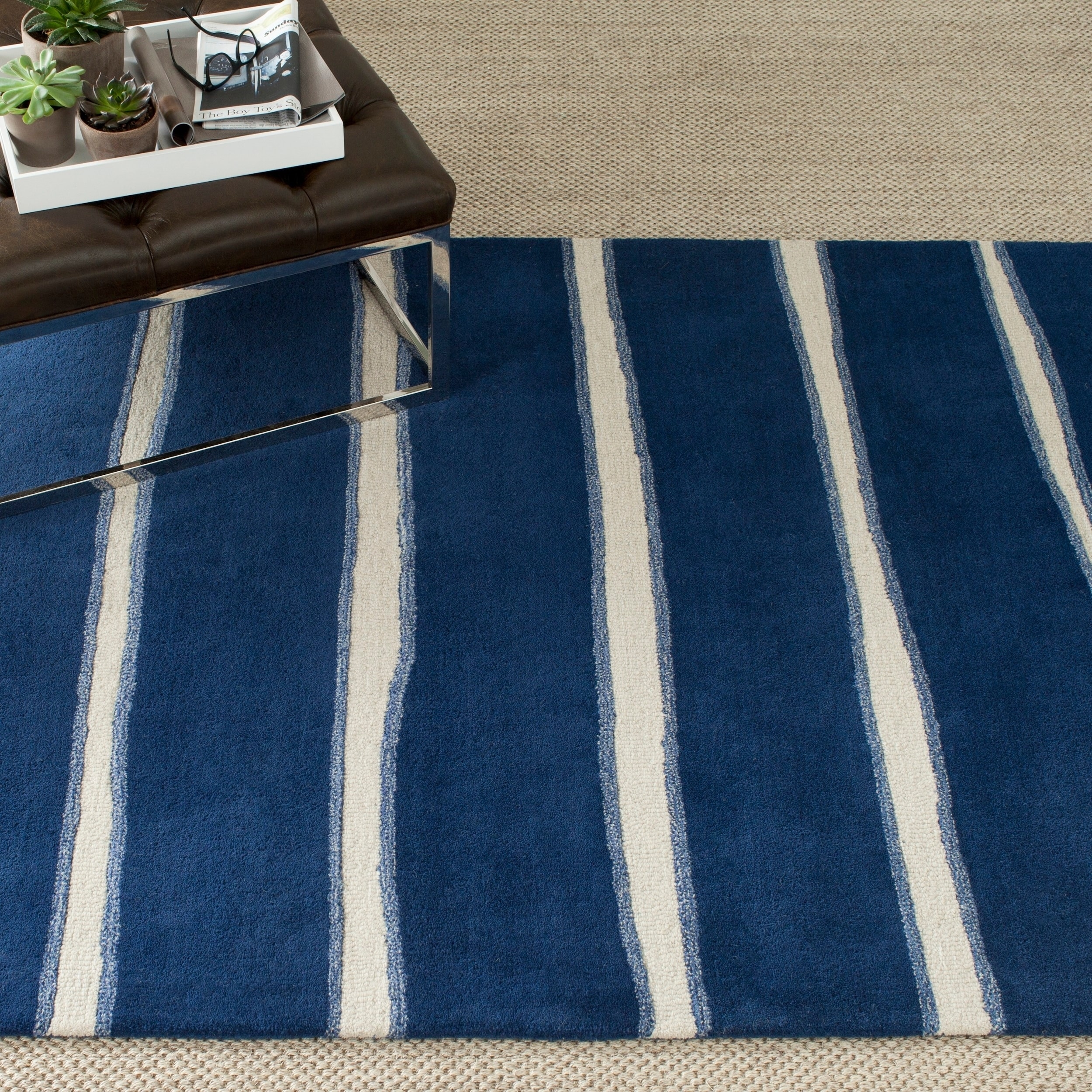 Martha Stewart Chalk Stripe Wrought Iron Navy Wool/ Viscose Rug (5 X 8)