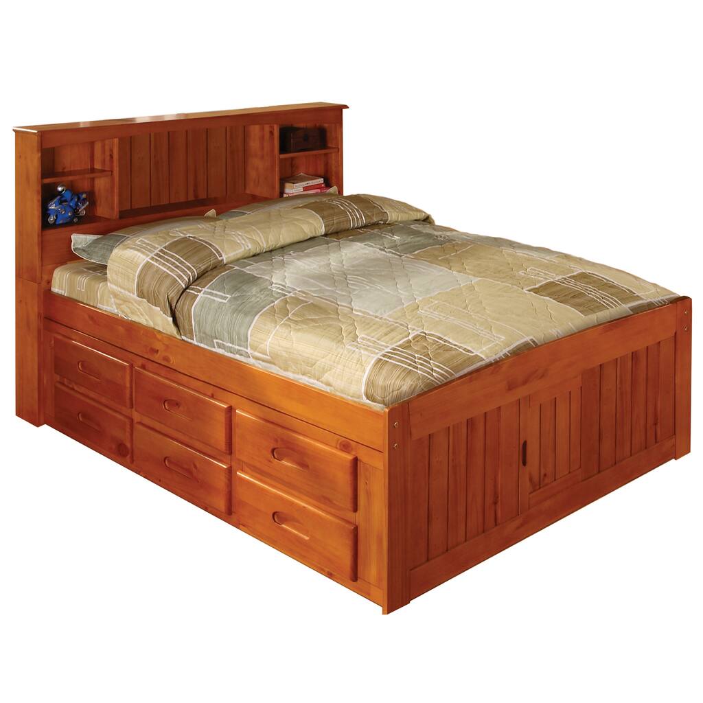 Honey-finished Pine Full-size Bed with Bookcase