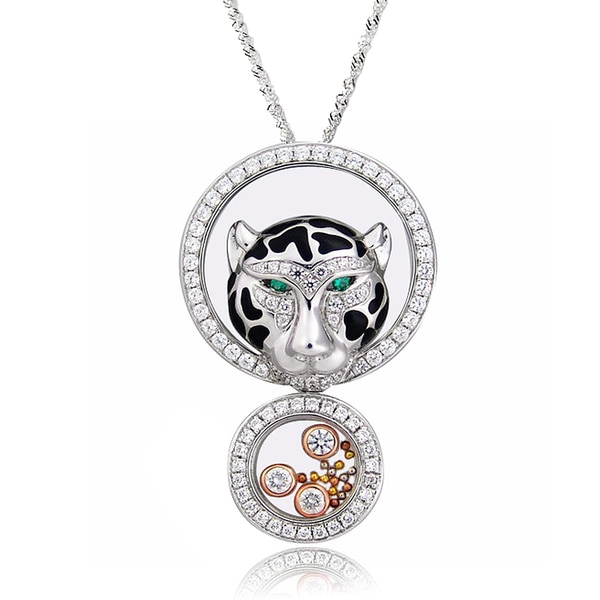 De Buman Two tone Silver Cubic Zirconia and Crystal Leopard Head Necklace De Buman Cubic Zirconia Necklaces