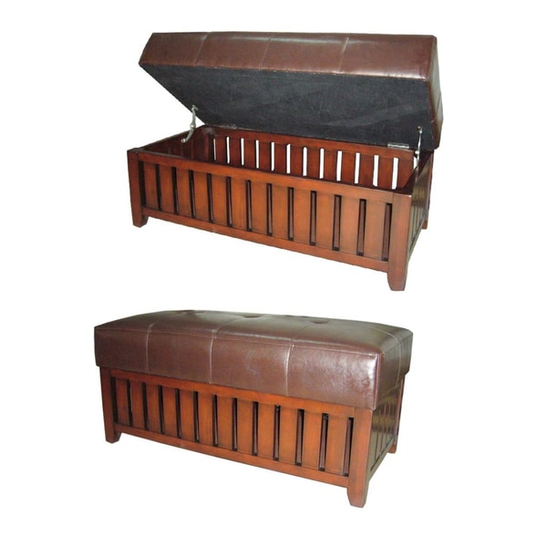 Wood and Brown Synthetic Leather Storage Bench