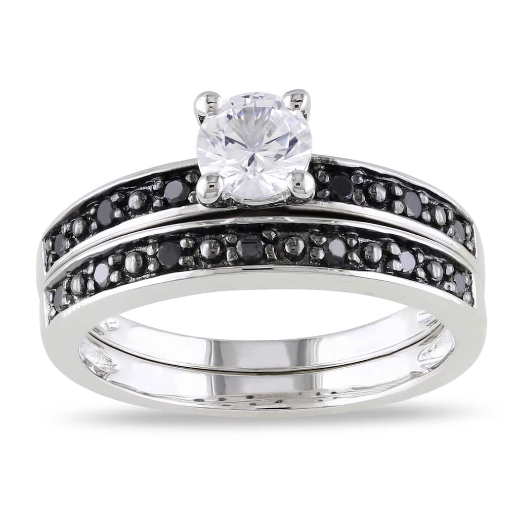 Miadora Sterling Silver Created White Sapphire and 1/5ct TDW Black Diamond Bridal Ring Set