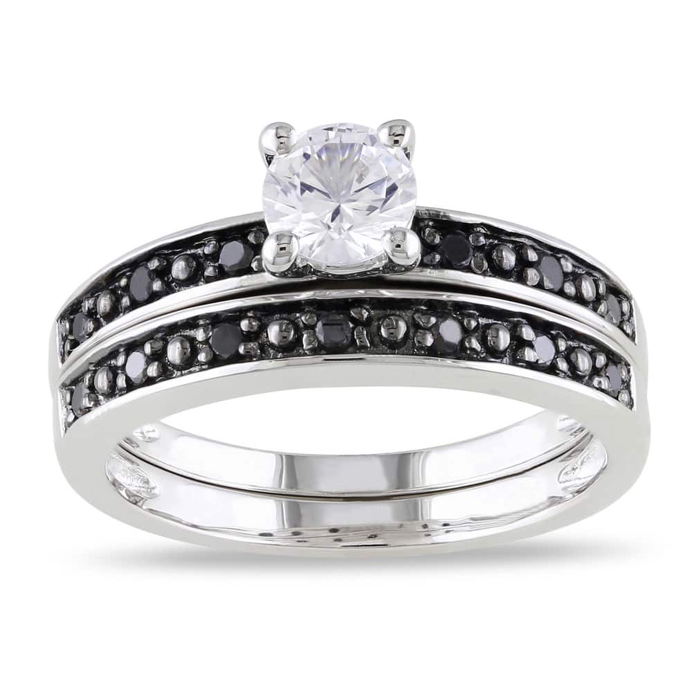 Miadora Sterling Silver Created White Sapphire and 1/5ct TDW Black Diamond Bridal Ring Set