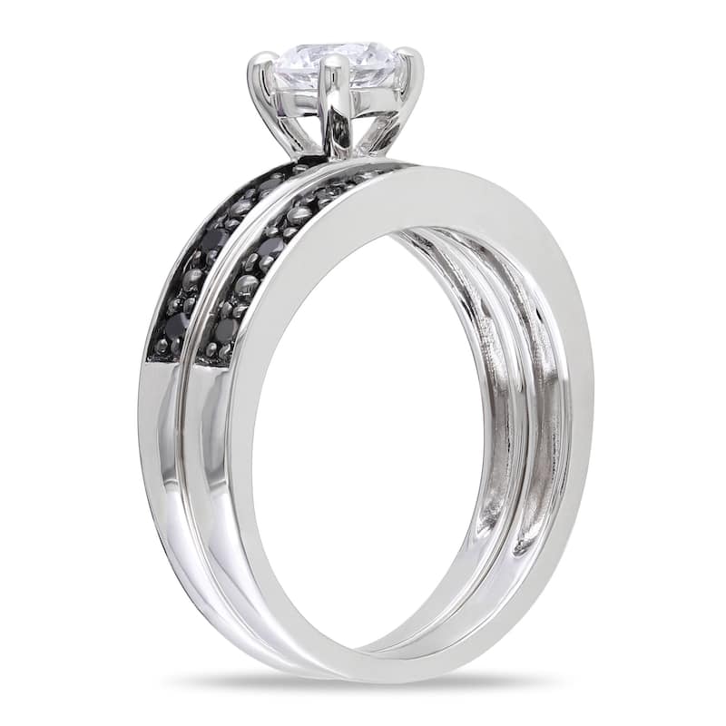 Miadora Sterling Silver Created White Sapphire and 1/5ct TDW Black Diamond Bridal Ring Set