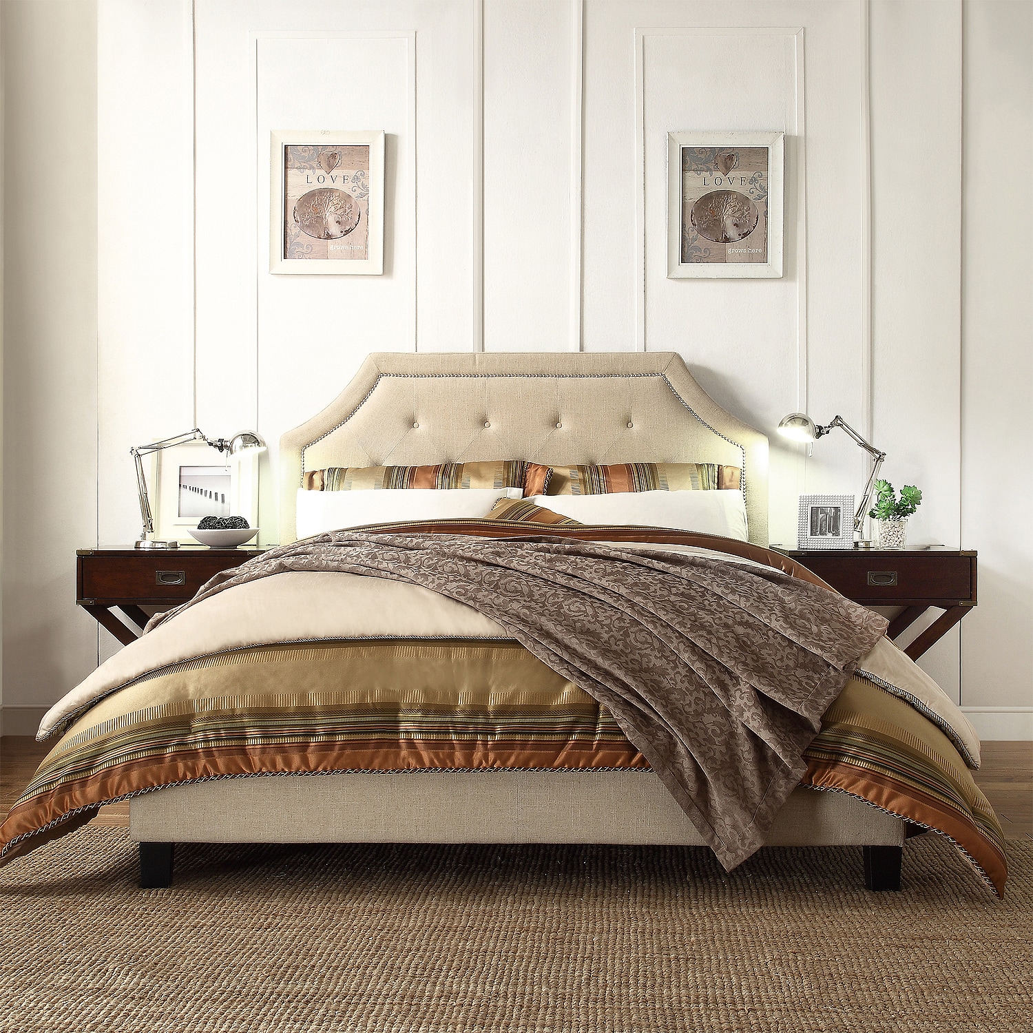 Inspire Q Fletcher Beige Linen Button Tufted Arched Bridge Upholstered King size Bed