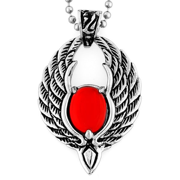 Stainless Steel Red Resin Orb Phoenix Wing Necklace West Coast Jewelry Men's Necklaces